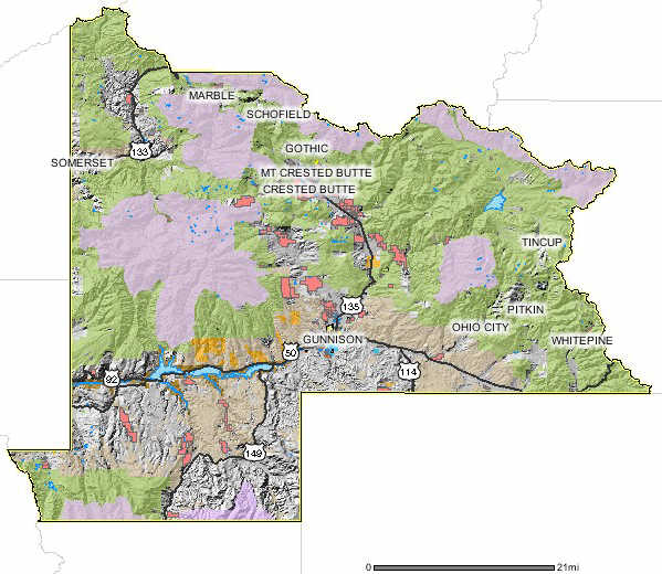 Map of Gunnison, Colorado in relief and showing wilderness and public lands
