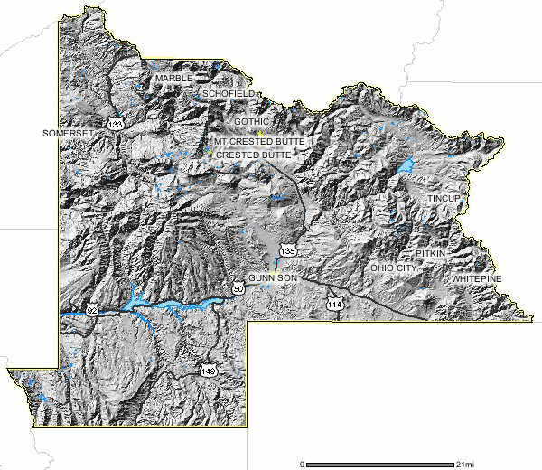 Map of Gunnison, Colorado in relief