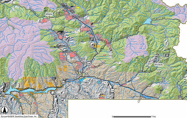 Map of the southern part of Gunnison, Colorado in relief and showing the wilderness and public lands